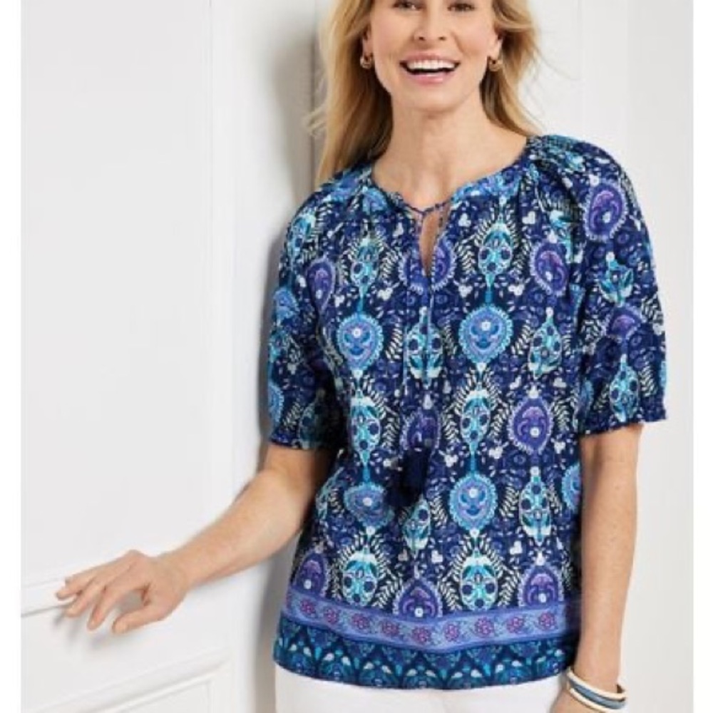 Talbots PLEATED SLEEVE TOP - FLORET MEDALLION Sz Medium P